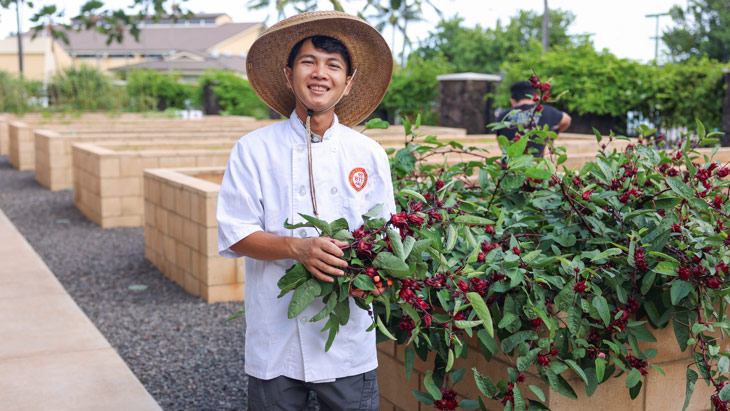 A BYU-Hawaii IWORK student works with some plants in a garden