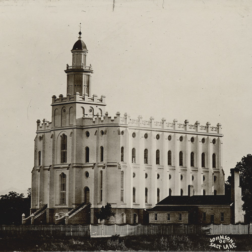 Historical black and white photo of the St. George Temple