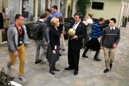 ldsbc professors and students in hallway going about their day