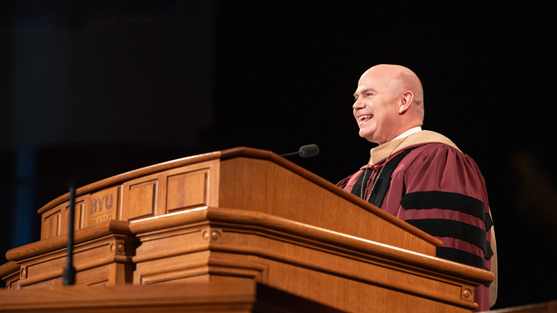 President Meredith speaking at his inauguration at BYU-Idaho