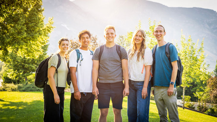 Five BYU students on a sunny day