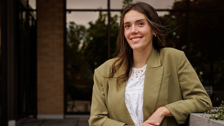 BYU female student wearing a tan jacket