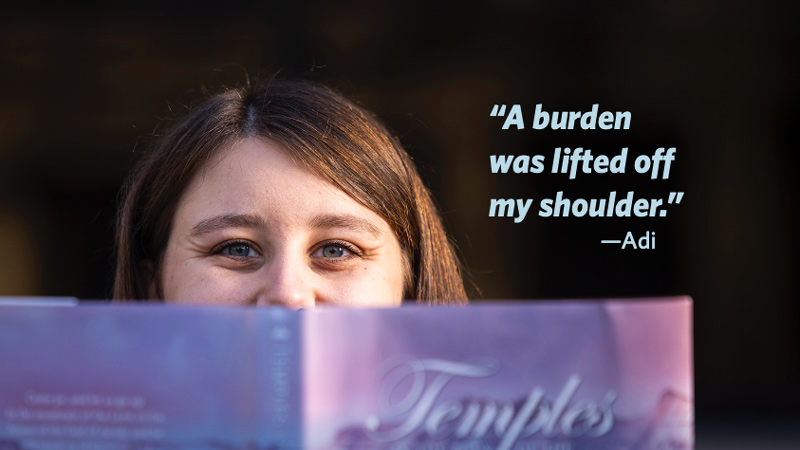 Adi Marshall looking up over a textbook, with a quote that reads "A burden was lifted off my shoulder."