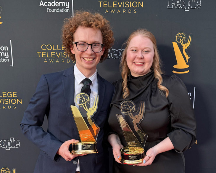Two BYU students with their Emmy awards at the College Television Awards