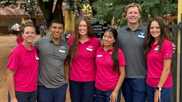BYU nursing students Chelsea Best, Joshua Solano, Brooklynn Slagle, Nelly Garcia-Rosas, Carter Bird, and Morgan Hoyt smiling.