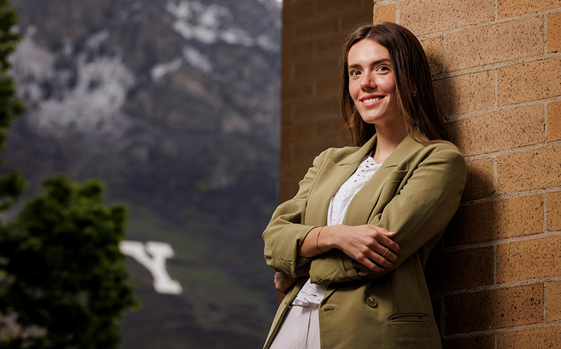 BYU student with Y mountain in background